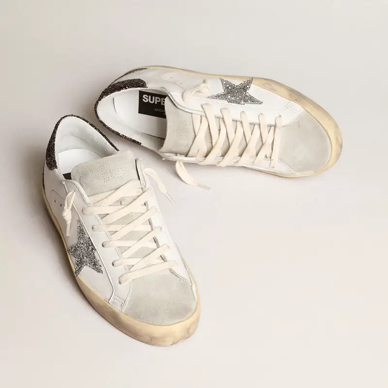 K-style Vintage Sequin Star Dirty Shoes for Women with Hidden Wedge Shoelace Sneakers Casual Flats Genuine Leather Dirty Shoes White Shoes