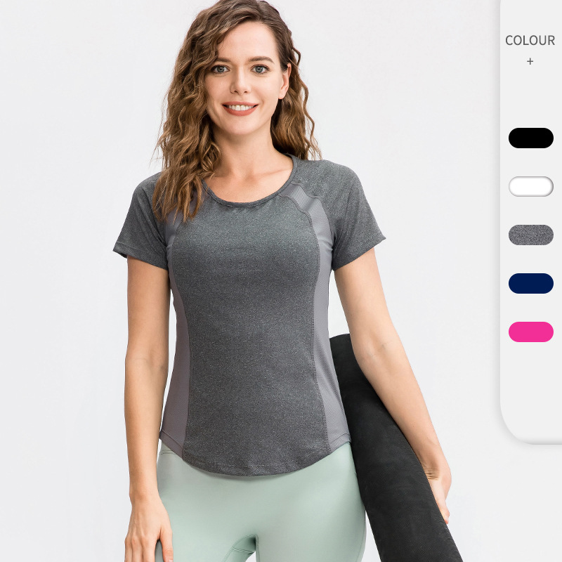 Women's Tight Yoga Short-sleeved Round Neck Sports T-shirt Splice Net Breathable High Elastic Quick-drying Running Fitness Clothes 02216
