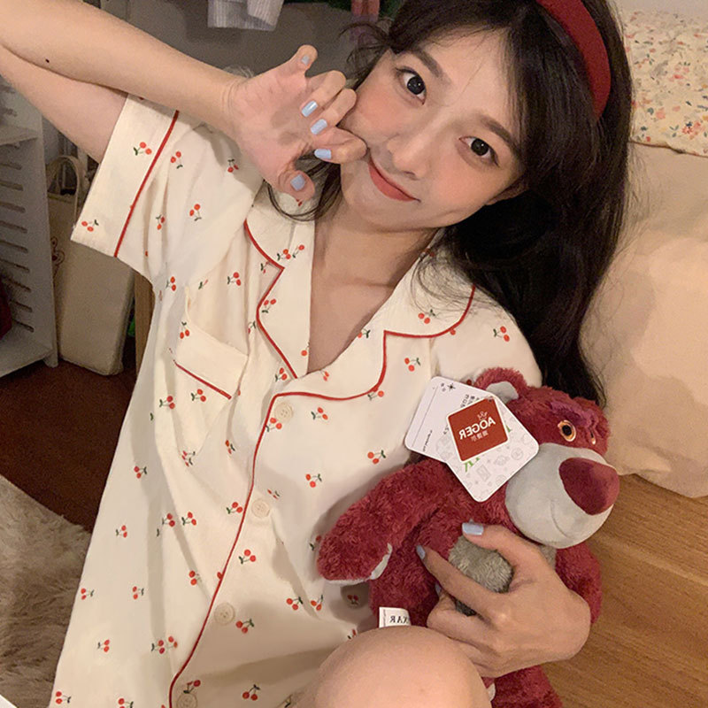Pastoral Style Small Floral Pajamas Women Summer Cardigan Short Sleeve Homewear Gentle Sweet Fresh Homewear Two-Piece Set