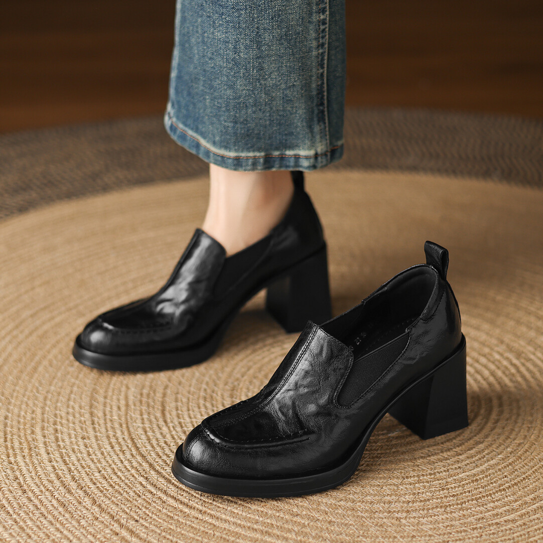 In Stock~ Women's High-Heeled Single Shoes with Chunky Heels, Silent Soles, Commuter Style, Round Toe, Deep Cut, Small Leather Shoes, Height-Increasing Shoes for Petite Women, 7cm