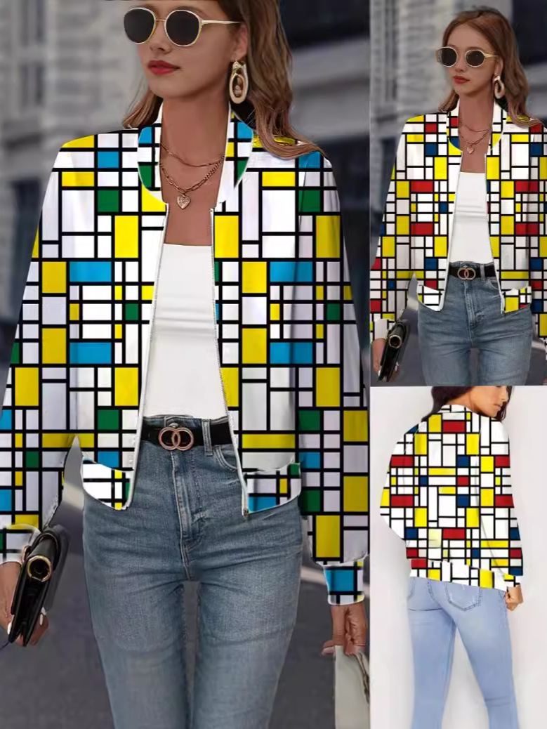 Cross-border foreign trade 2024 autumn and winter hot European and American women's coat irregular color matching plaid zipper short jacket