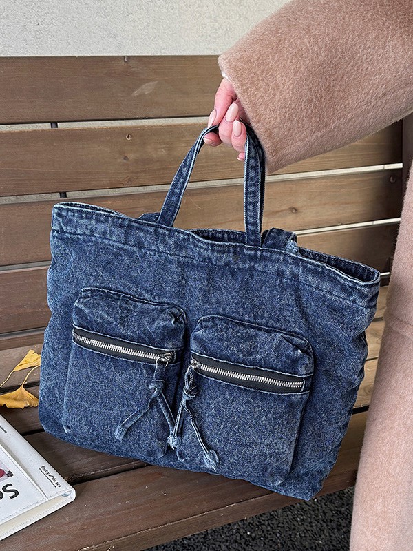 Textured Large-Capacity Multi-Pocket Vintage Washed Denim Bag for Women, Korean Style Harajuku Style Student Messenger Shoulder Bag