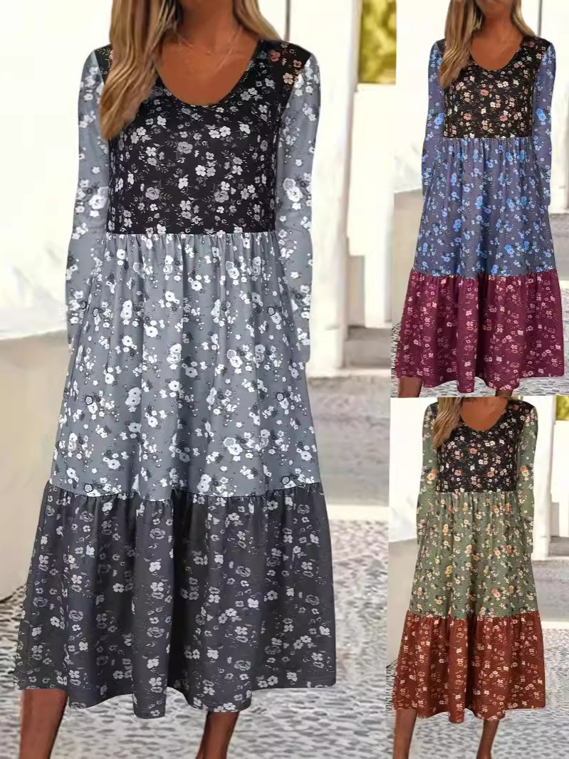 Autumn 2024 Amazon Hot Selling V-Neck Printing Contrast Color Stitching Long Sleeve plus size Casual European and American dress