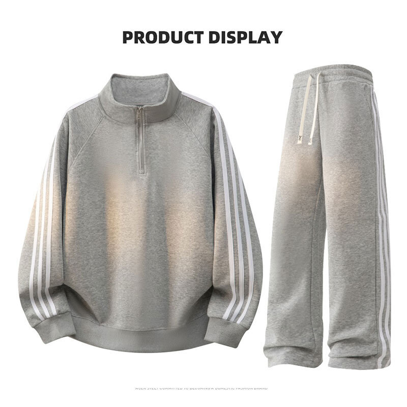 Men's Spring and Autumn Three-Stripe Sports Suit, Stand-Up Collar Half-Zip Sweatshirt and Sweatpants Two-Piece Set, Casual Running Sportswear