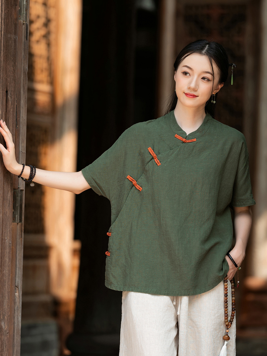 Cotton and Linen Women's Clothing, Tencel Ramie Diagonal Placket Button-Up T-Shirt, Women's Tang Suit, Loose Half-Sleeve Retro Chinese Style Top Shirt