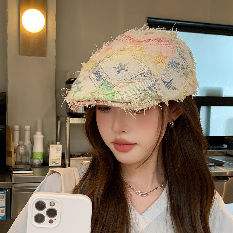 Colorful Plaid Five-pointed Star Forward Hat Women's Korean-style Anti-wear Old-wear Edge Beret All-match Fashionable Duck Tongue Hat