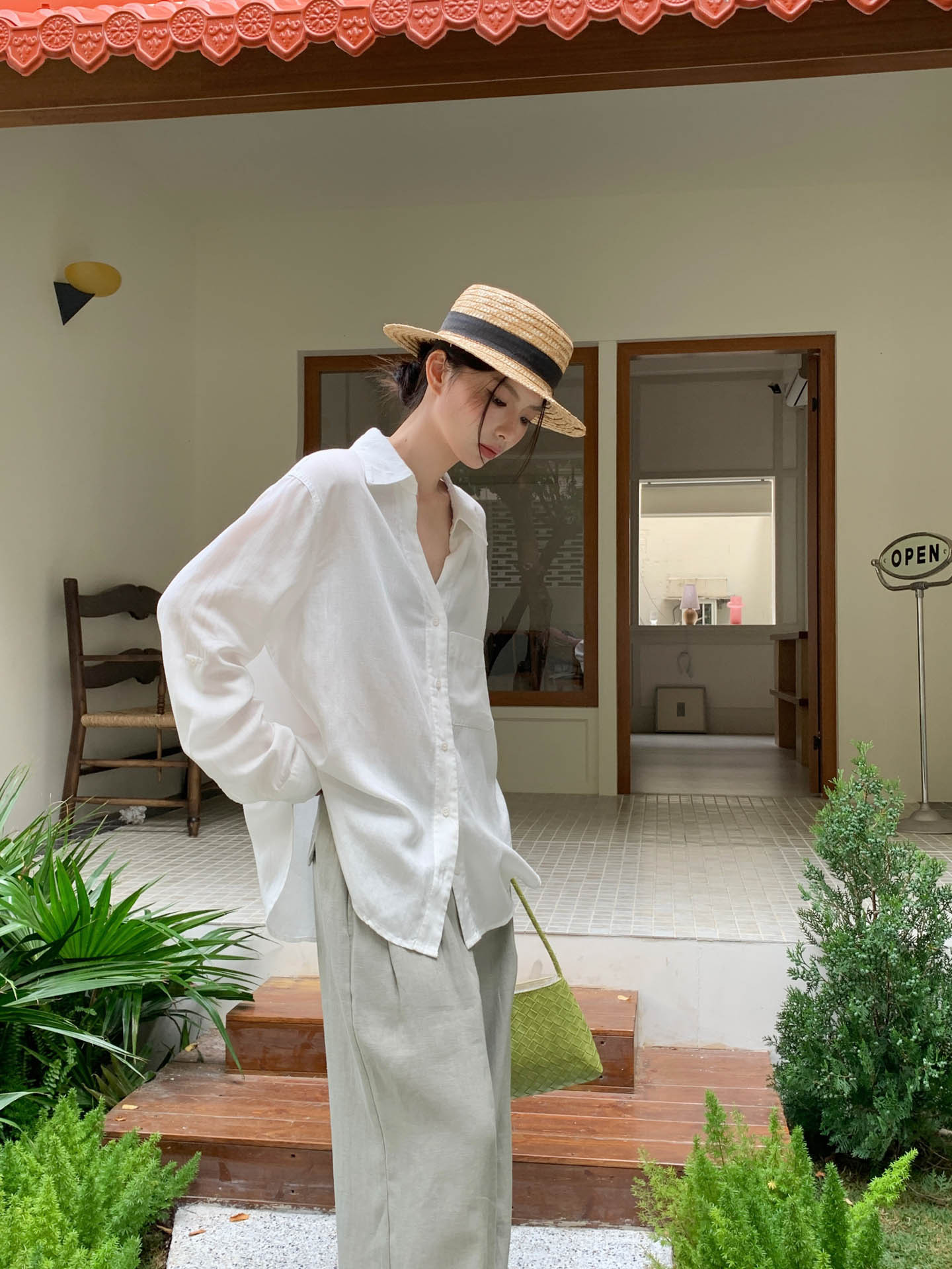 Gagd Relaxed and Casual Comfortable V-Neck Tencel Linen Shirt for Women, Loose Fit Simple Sun Protection Long-Sleeved Shirt