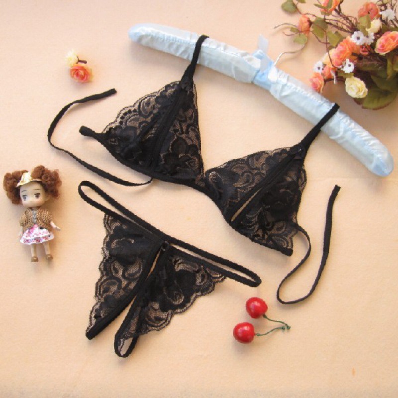 Sexy Underwear Three-point Open-end Bikini Lace Pajamas suit thong Two-piece Set for Gift