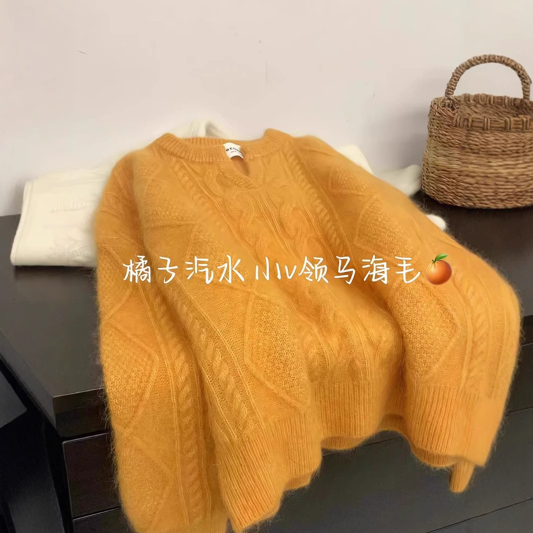 Orange V-Neck Raccoon Wool Cable Knit Pullover Sweater for Women, Autumn and Winter Dopamine Thickened Lazy Soft Mohair Heavy-Duty Design