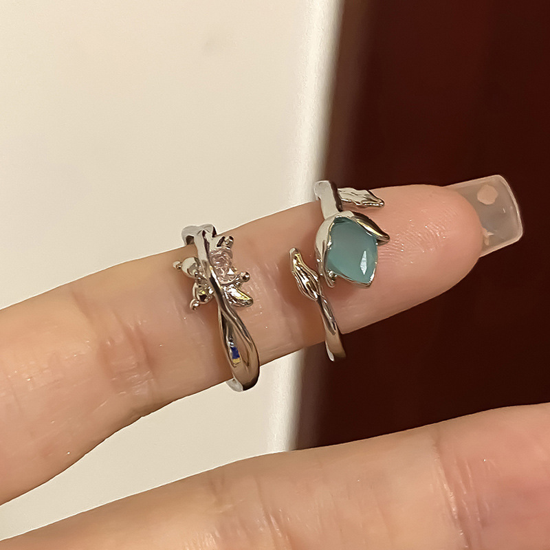Elegant Tulip Ring Women's Light Luxury High-end Sense Zircon Opening Niche Design Distinctive Ring Butterfly Finger Ring