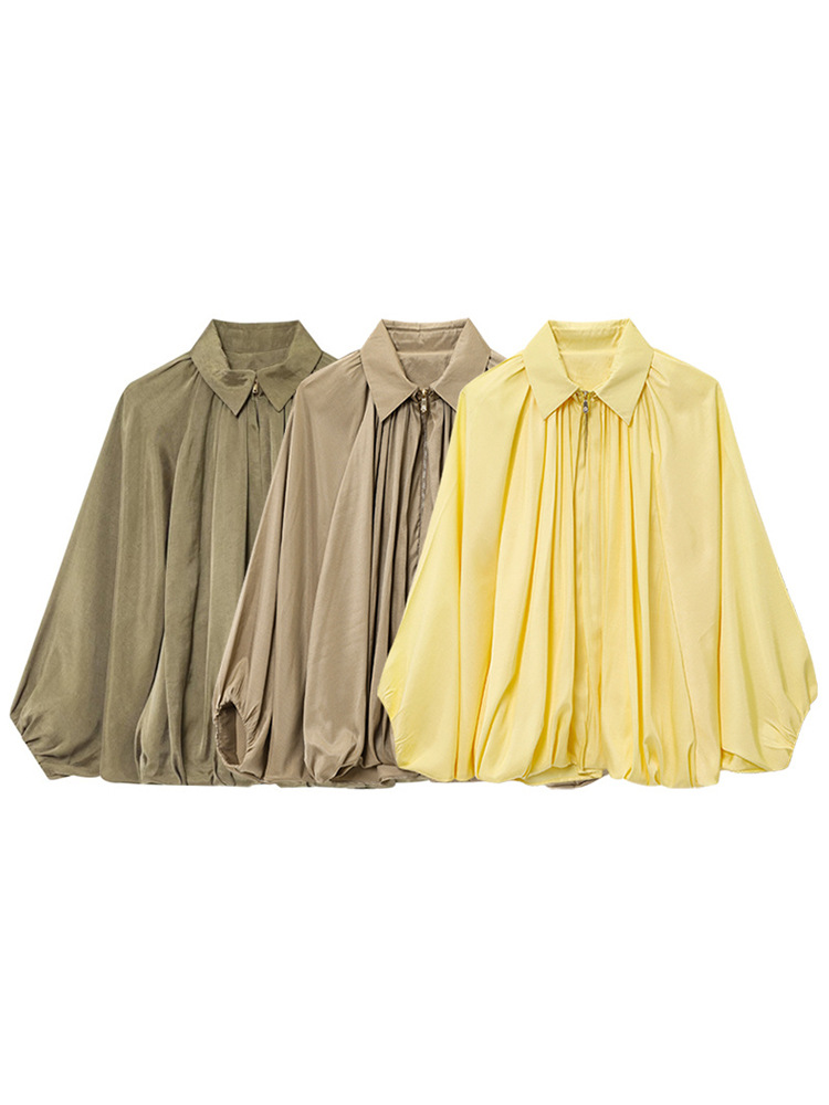 2025 Summer New Women's Fashion Loose Long Sleeve Lapel Fluffy Bomber Jacket Draped Top Coat