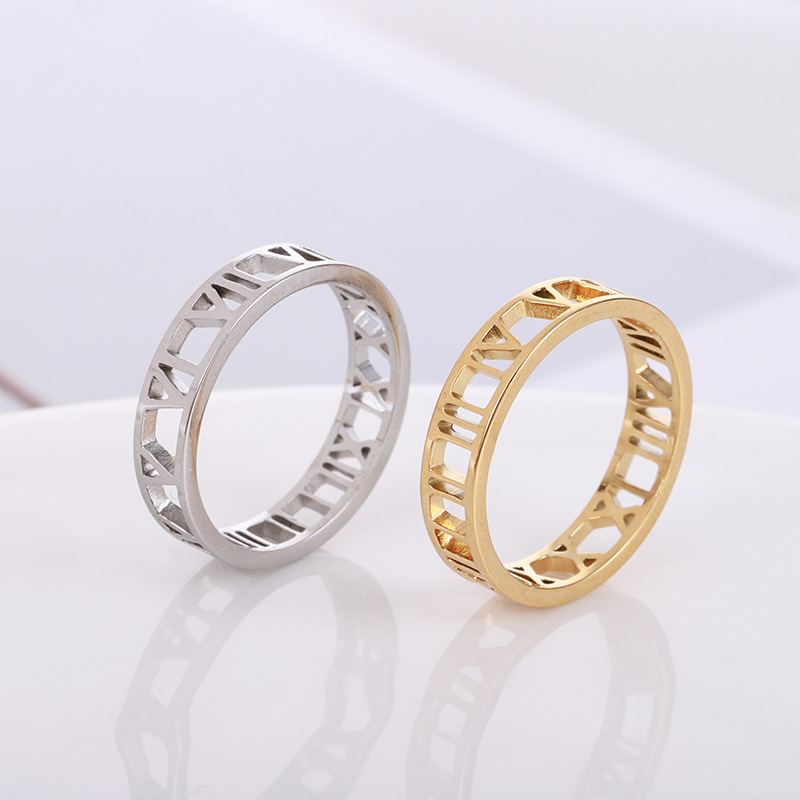 Cross-border European and American titanium steel l Roman digital ring index finger tail ring 18K gold laser hollow ring female personality ins