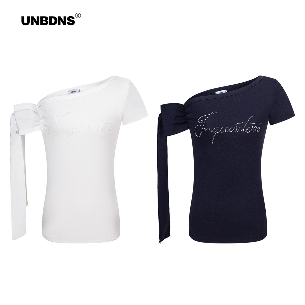 Unbdns2025 New Summer High-End Knitted Ribbon French Slope Collar Off-Shoulder Vest T-Shirt Sexy Trend