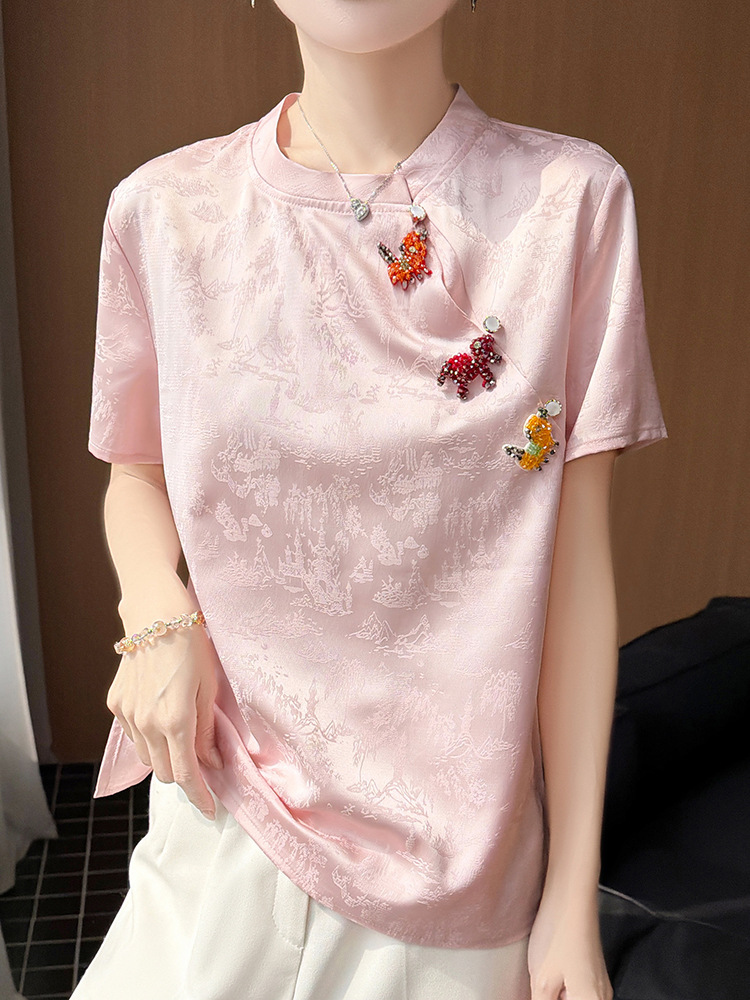 Summer New Chinese-Style Stand-Collar Satin Diagonal-Collar Short-Sleeve Women's Loose-Fitting Jacquard T-Shirt Top with Traditional Chinese Buttons