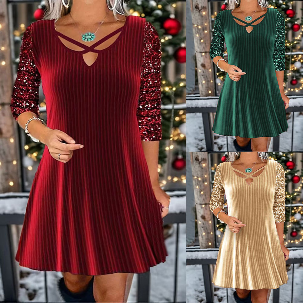 2023 Amazon independent station new European and American women's fashion solid color V-neck long sleeve sequin casual dress women