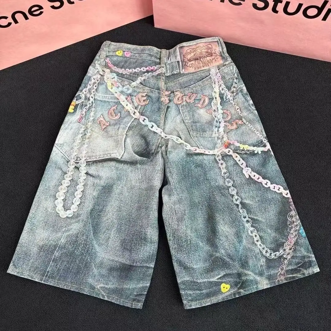 mickeybuys.com阔腿糖果链条印花弯刀牛仔裤直筒短裤