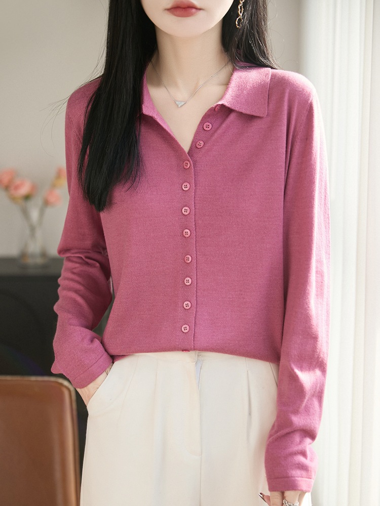 2026 Spring and Autumn New Fine Wool Turn-Down Collar Knitted Cardigan Long Sleeve Women's Solid Color Loose Versatile Top Jacket