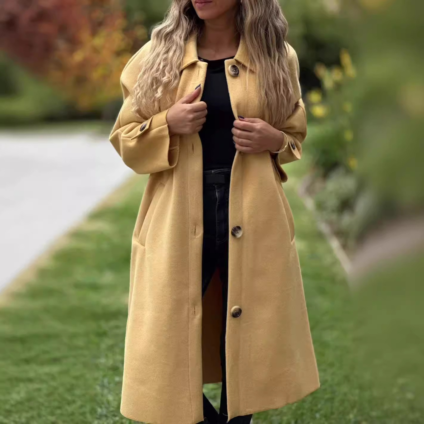 2025 Cross-Border Autumn and Winter Independent Station Foreign Trade Aliexpress Autumn and Winter Casual Button Long Pure Color Woolen Jacket
