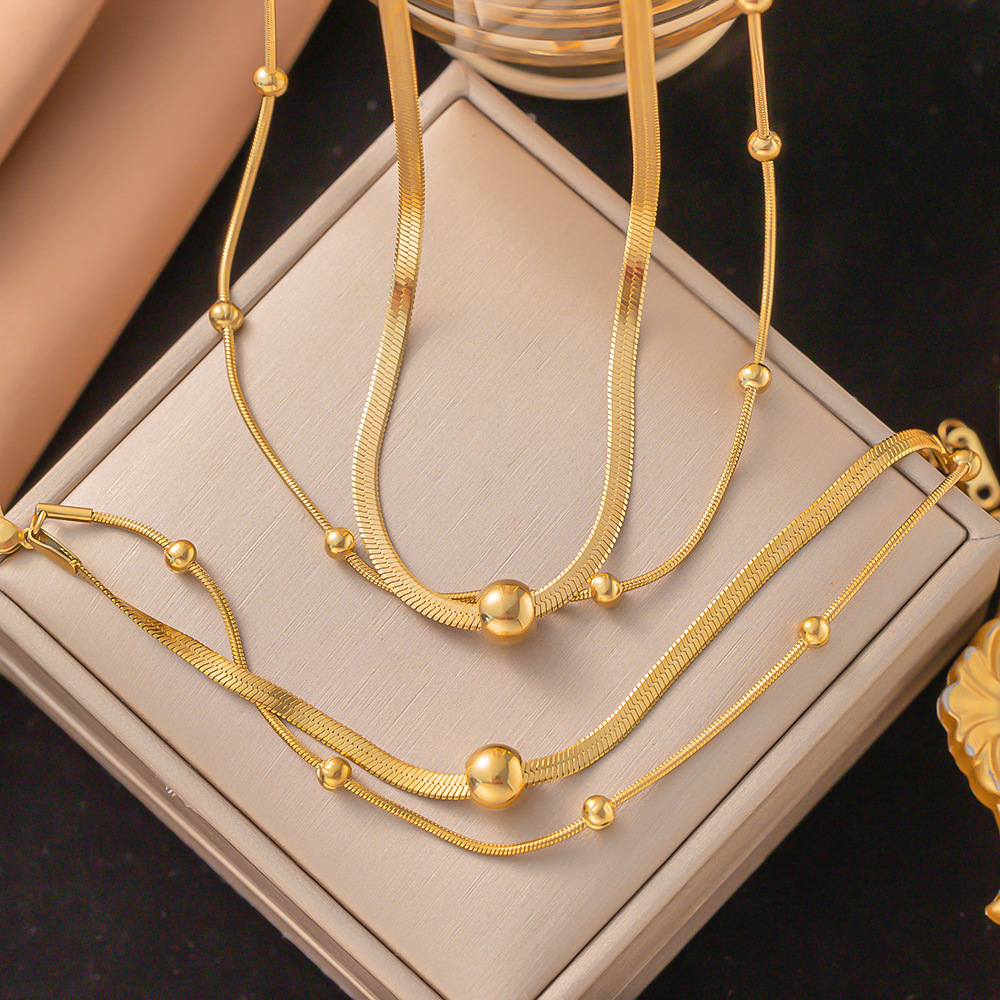 Cross-border Fashion Personality Punk Retro High-end Sense Gold-plated Beaded Chain Titanium Steel Metal Jewelry Stacked Necklace for Women