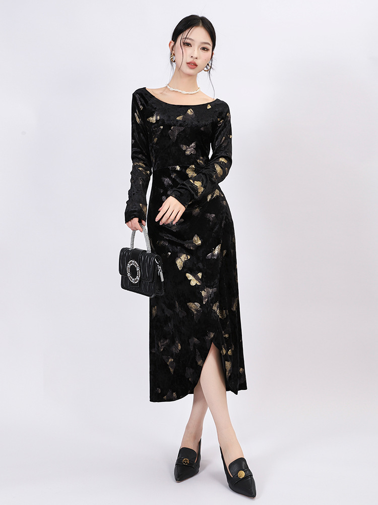 Feiyuan's Elegant and Retro Black Gold-Spattered Long-Sleeved Dress for Women, Early Autumn New Design, Versatile Velvet Dress