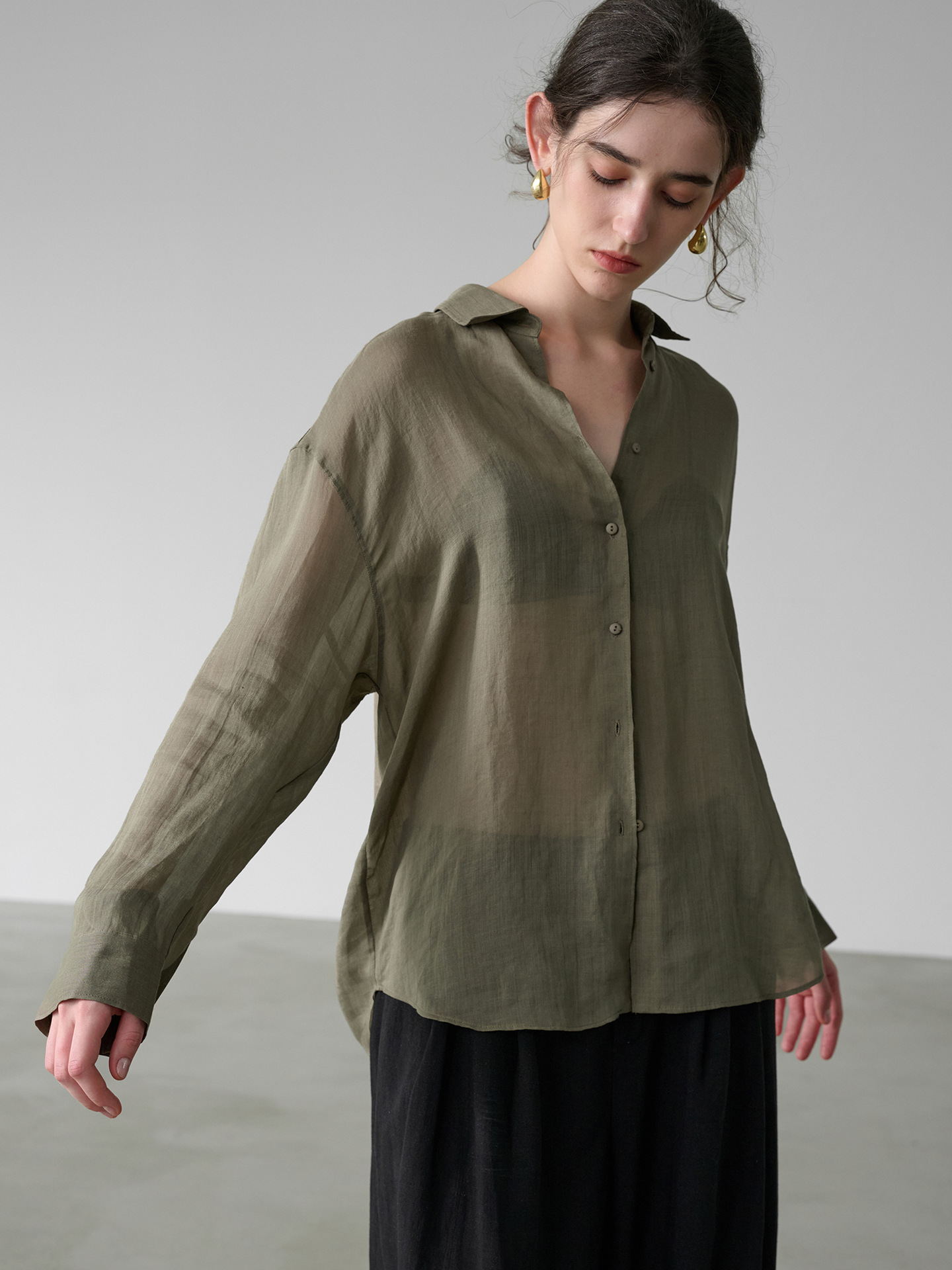 Lyocell Linen Long-Sleeve Women's Shirt, 2026 Spring/Summer New Style, Lightweight, Slightly Sheer, Loose Fit, Slimming, Solid Color, Versatile Top