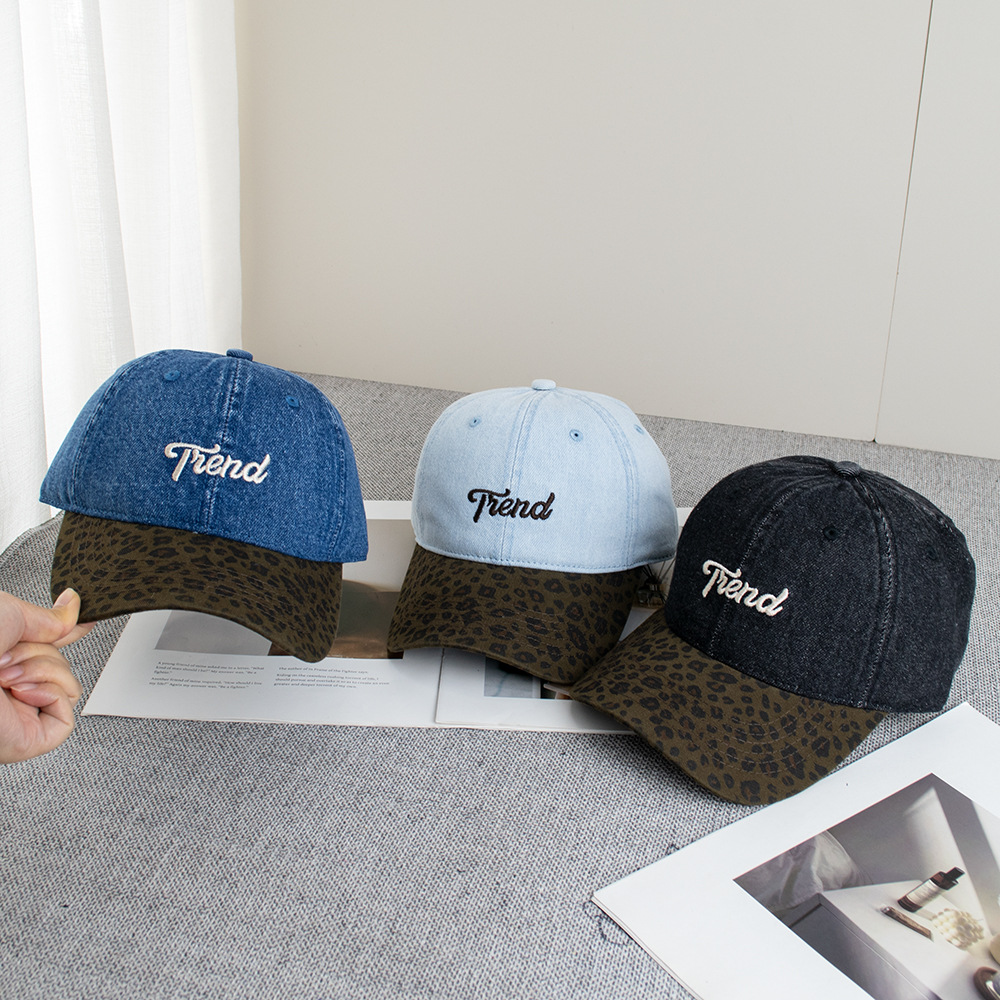American Retro Leopard Print Denim Patchwork Baseball Cap for Women, New Style, Large Head Circumference, Wide Brim, Face-Slimming, Versatile Duckbill Cap