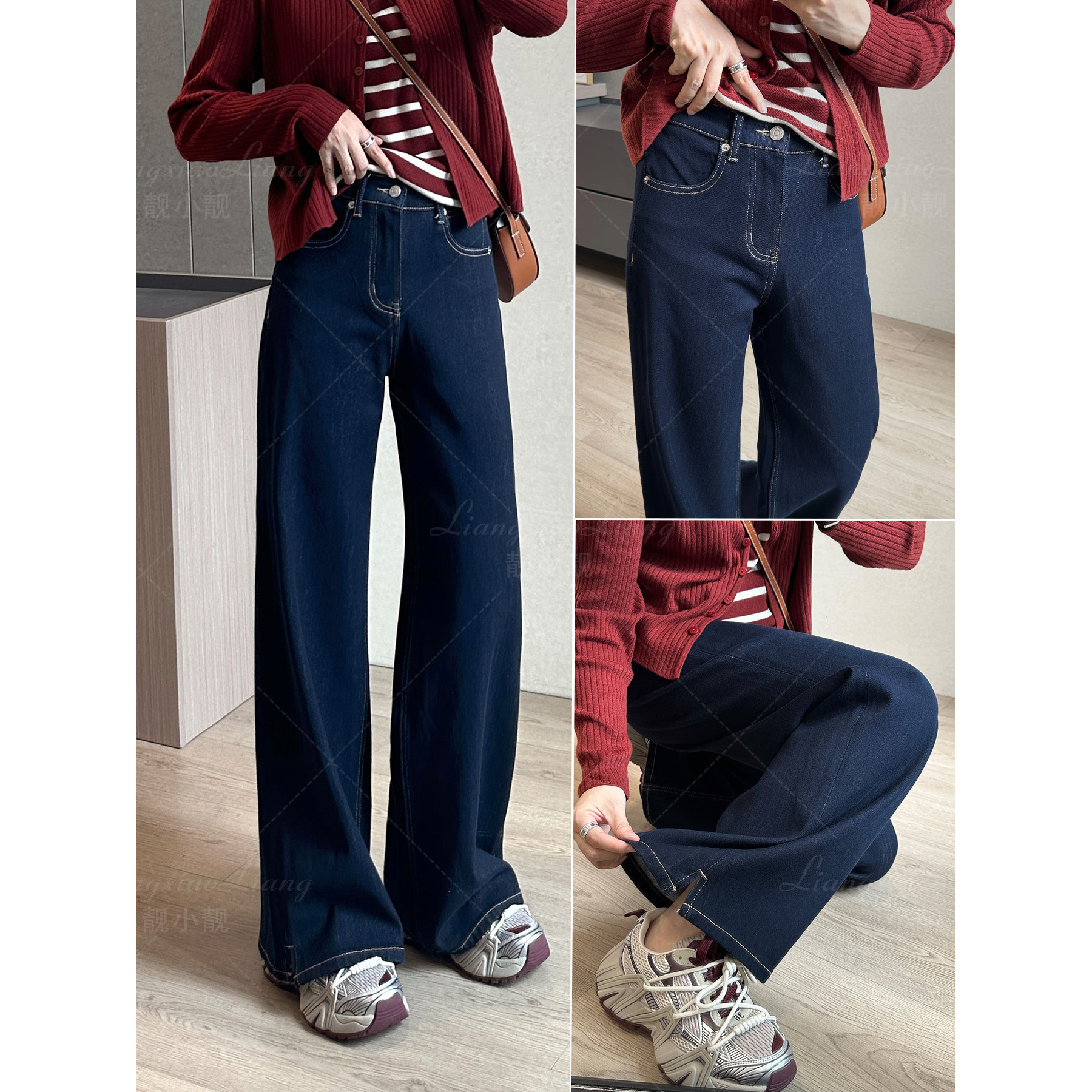 Long Pants for Women! Stylish Dark Blue High-Waisted Four-Way Stretch Jeans with Slit and Slight Flare, Wide-Leg Pants, New Spring 2026 Model