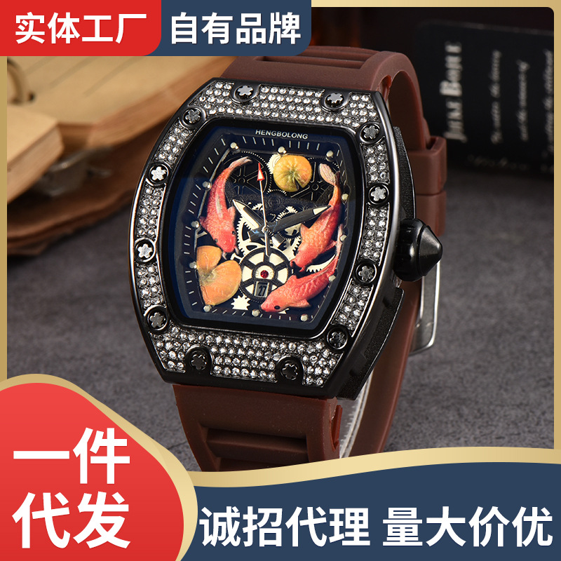 Hengbolong wine barrel-shaped diamond-encrusted quartz watch men's koi pattern fashion business men's watch manufacturers wholesale