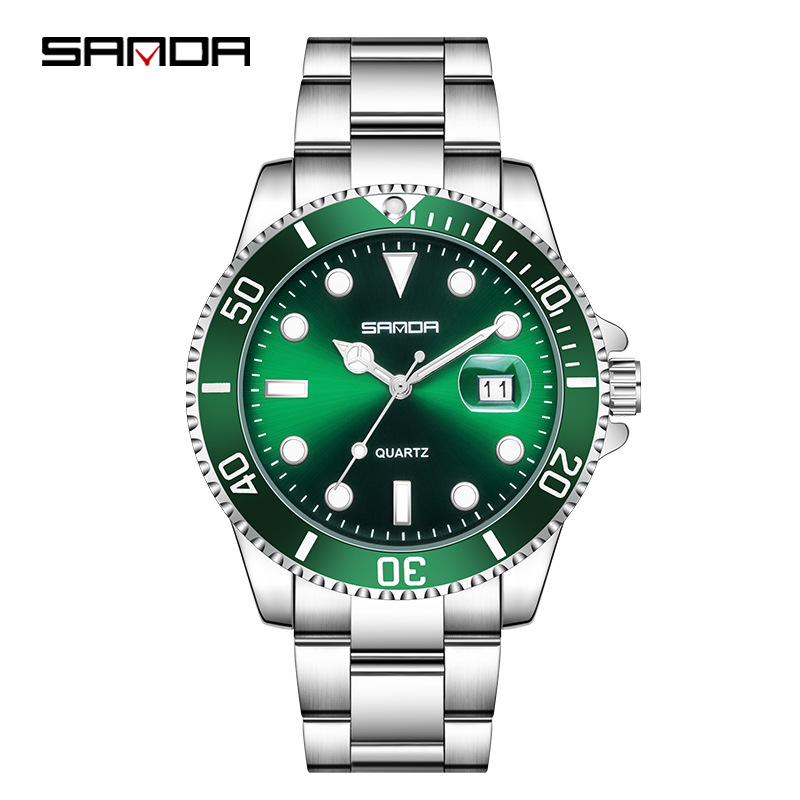 Sanda Foreign Trade Popular Green Water Ghost Watch Men's Calendar Stainless Steel Strap Quartz Watch Business Sports Men's Watch