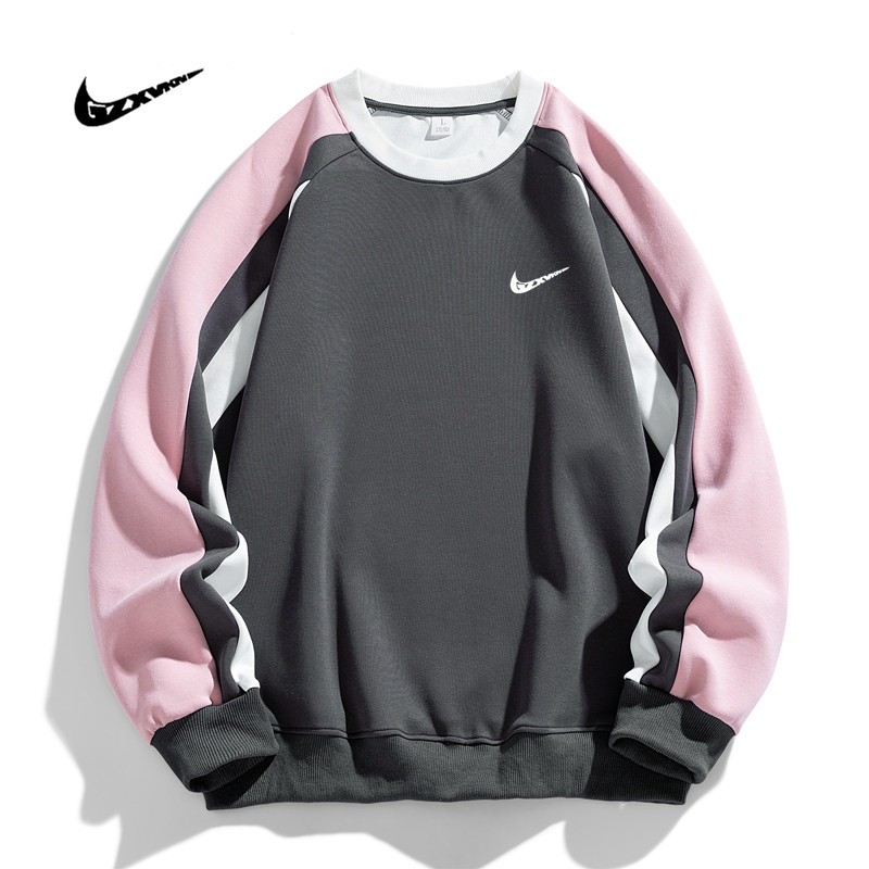 American Style Heavy Round Neck Sweatshirt Men's Spring and Autumn New Fashion Brand Stitching Contrast Color Loose Casual Couple Jacket Jacket