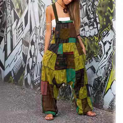 2024 Amazon cross-border Women's hippie stitching ethnic print sleeveless loose harem pocket jumpsuit