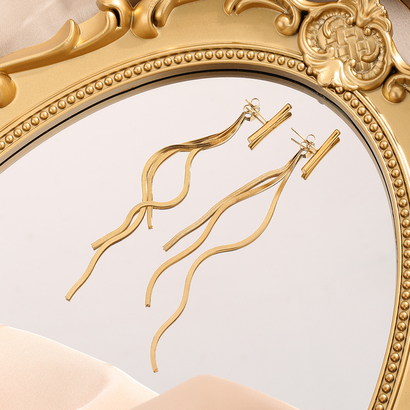 Cross-border Hot Sale Metal Snake Bone Chain Tassel Earrings Design Sense Face Skinny Elegant Tassel Long Earrings Earrings Stud