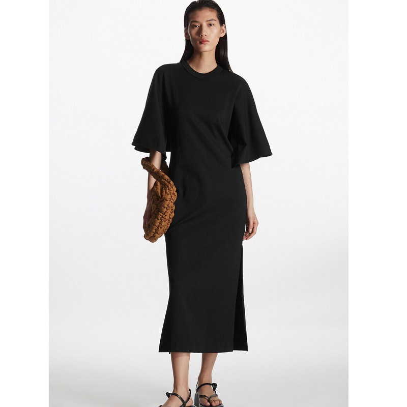 Cs Women's High-Density Knit Casual Style Round Neck Cape Sleeve Little Black Dress Black Fashionable and Elegant Dress