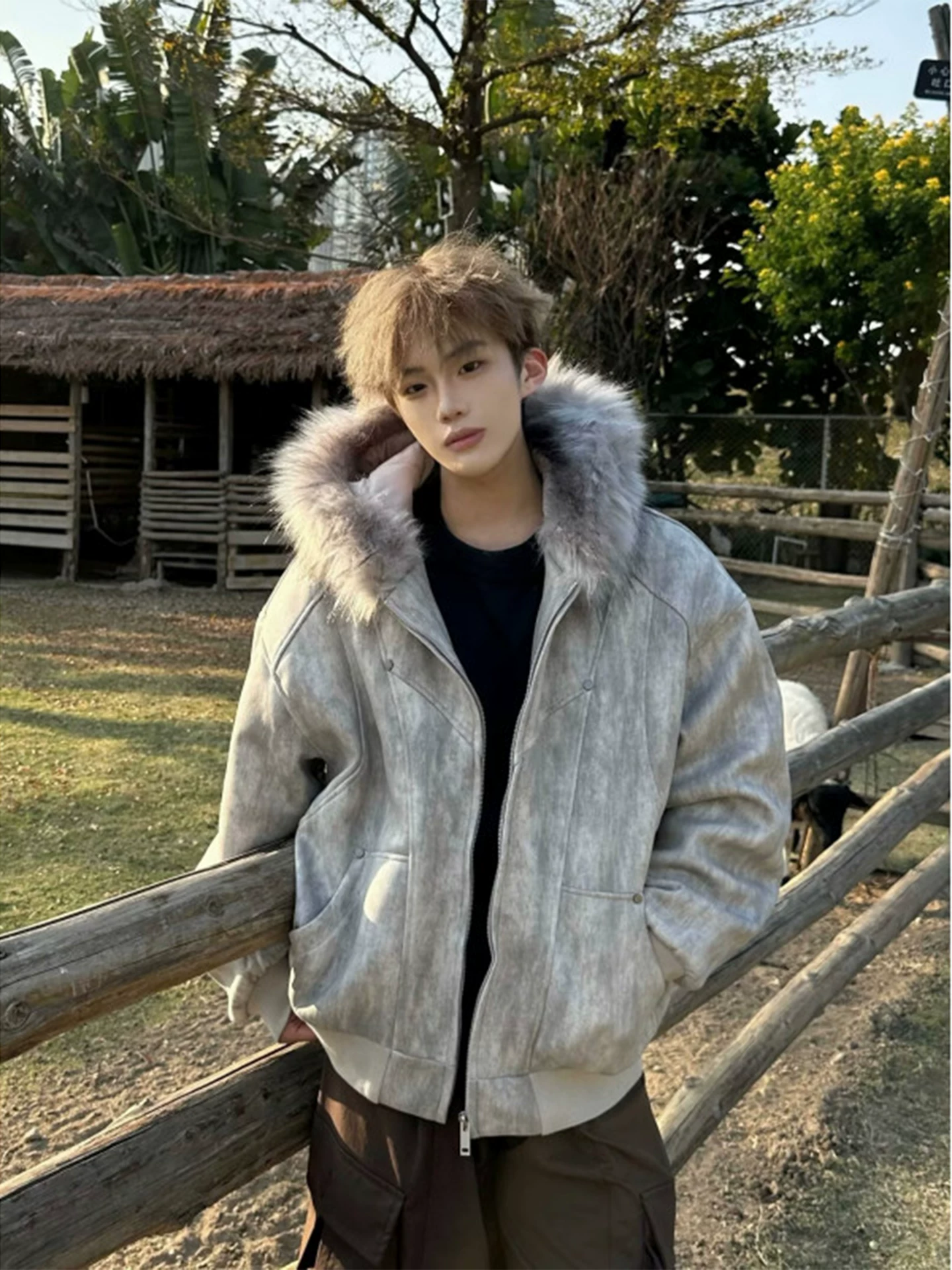 American-Style Tie-Dye Cotton Jacket for Men, Winter Deconstructed Design, Stylish Hooded Coat with Fur Collar