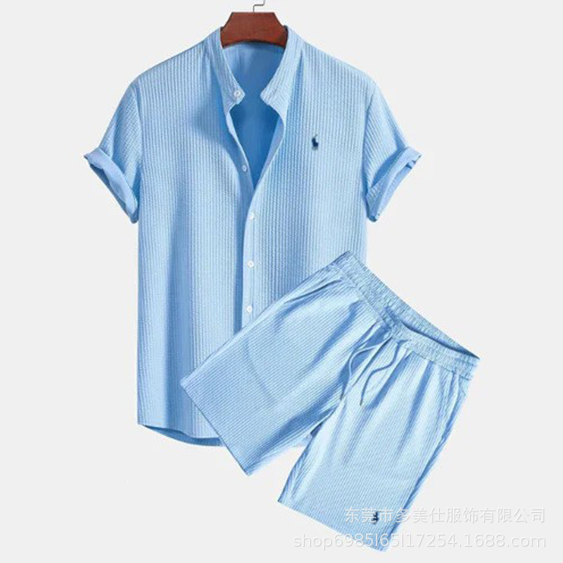 2026 European and American Cross-Border Summer Amazon Aliexpress Men's Shirts Casual Loose Short-Sleeved Shorts Ice Silk Suit