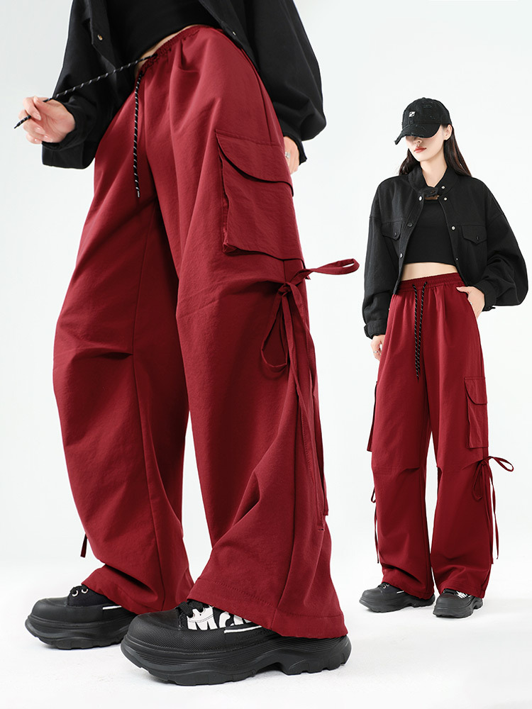 Ankesela Red Windproof Pants American Wide-Leg Hiking Pants Parachute Assault Pants Autumn and Winter High-Waisted Thickeneded Work Pants