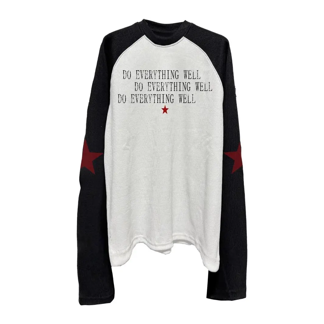 Foreign trade subculture men and women round neck shoulder collision color star print long-sleeved t-shirt splicing loose casual tops