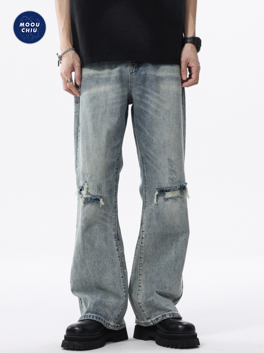 Muqiu Men's Wear ∠ American Vintage Washed Knee Ripped Jeans Men's Trendy Brand Old Loose Straight Pants