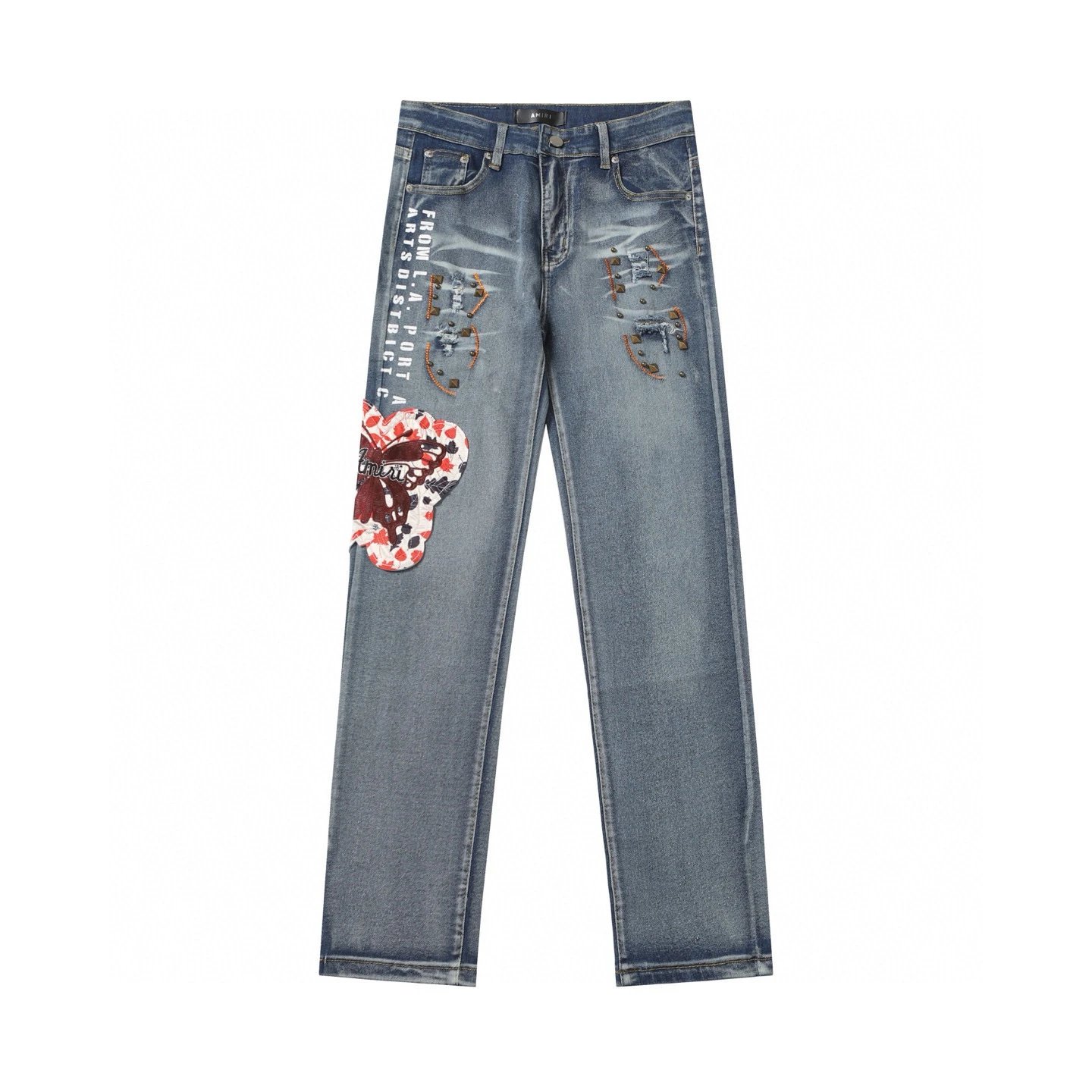 10.16 [DX29] colored leather cross high street foundation patch embroidery holes washed old jeans trousers