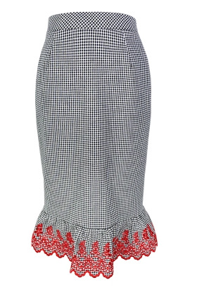 Vintage Tone Long Lotus Leaf Classical High Waist Embroidered Yarn-dyed Plaid Skirt