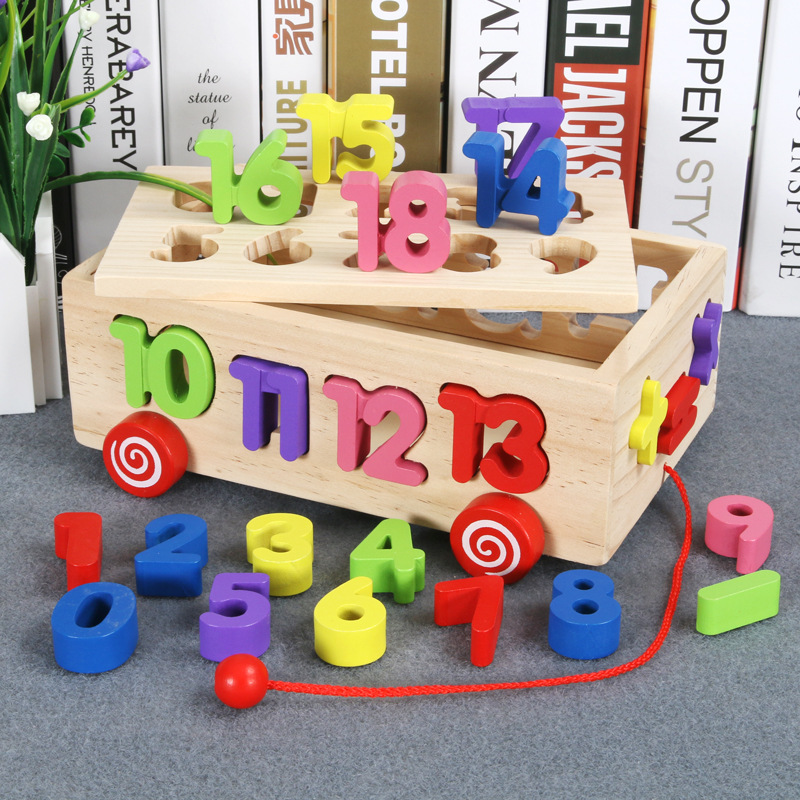Young children's geometric building blocks trailer Digital letter shape cognitive matching box educational early education wooden toys wholesale