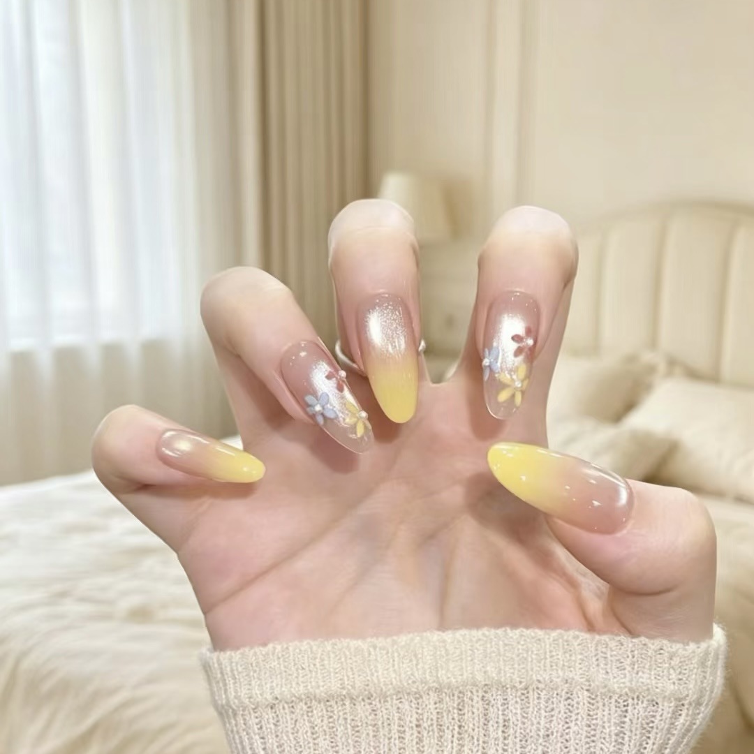 【Spring Sweet Lemon】Purely Handmade Wearable Nails, Sparkling Champagne Diamond Fake Nail Patches, Removable Phototherapy Nails