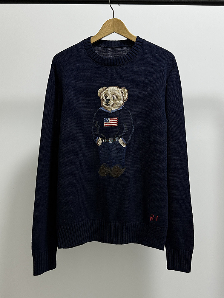 New Rl American Flag Sweater for Men, Autumn and Winter Style, Cotton and Linen Blend, Classic Royal Blue Old Money Style Knitwear