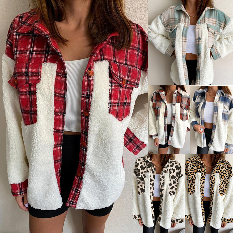 2026 Cross-Border New Style Lapel Leopard Print Plaid Plush Patchwork Color-Blocking Warm Long-Sleeve Autumn and Winter Cardigan Jacket