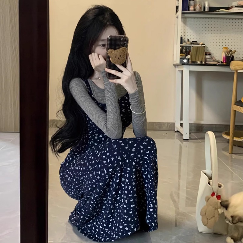 Tencel Cashmere + High Elastic Thread Blue Strap Floral dress Children's Early Autumn Long Dress Design Sense suit