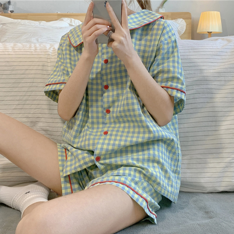Japanese-Style Plaid Pajamas for Women, Summer Short-Sleeve Shorts, Petite Thin Student Two-Piece Cotton Casual Loungewear