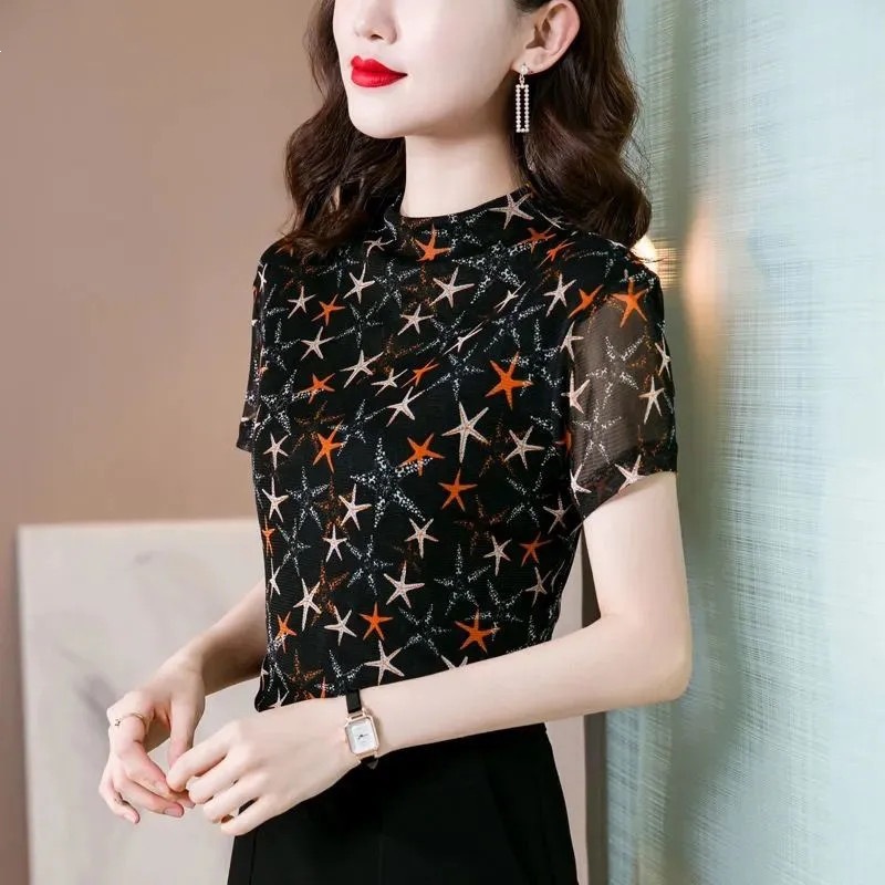 Summer New Style Mesh Short-Sleeve Base Shirt for Women, Half-High Collar, Printed High-End T-Shirt, Fashionable Slim-Fit Floral Top