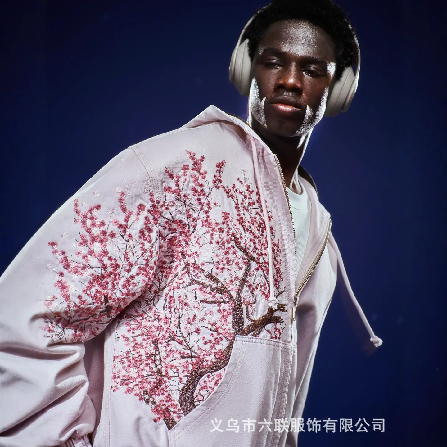 Cross-Border European and American Derschutze Cherry Blossom Embroidered Work Jacket for Men and Women Y2K Harajuku Style Hooded Jacket