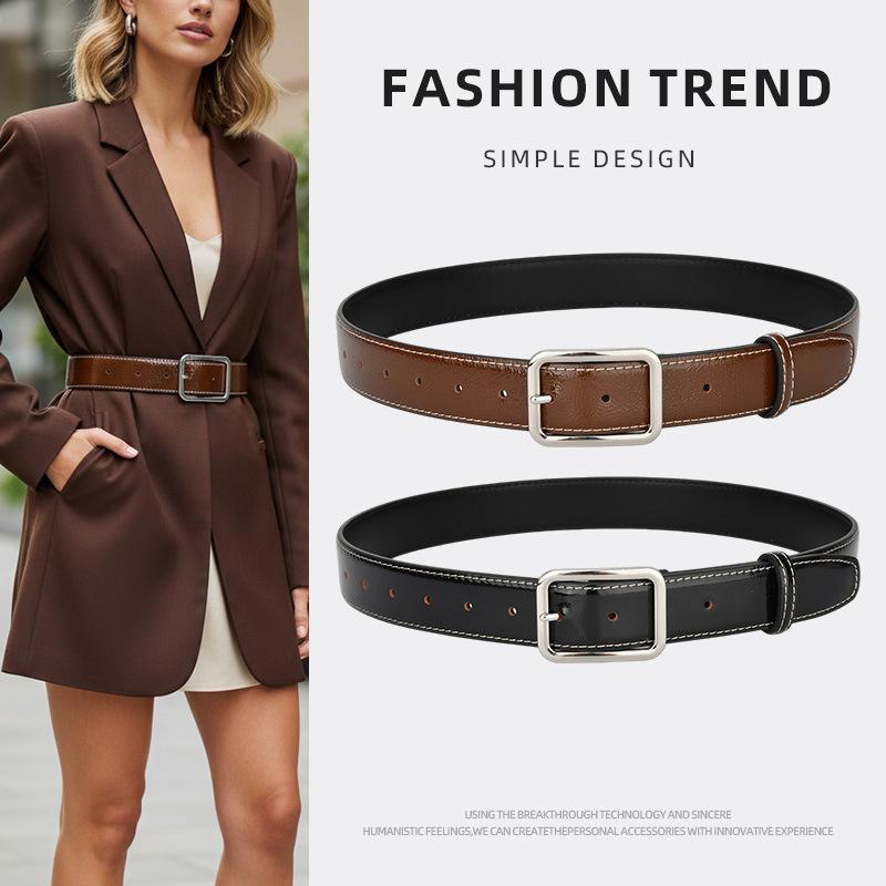 Simple Square Buckle Wide Leather Belt for Women, Vintage Style, Versatile for Suits, Jackets, Dresses, and High-End Decorative Belts