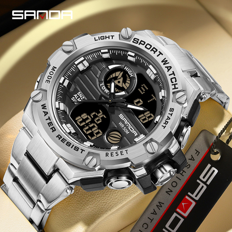 Sanda Digital Watch Waterproof Dual Display Men's Watch Steel Band Multi-Function Luminous Casual Business Men's Watch